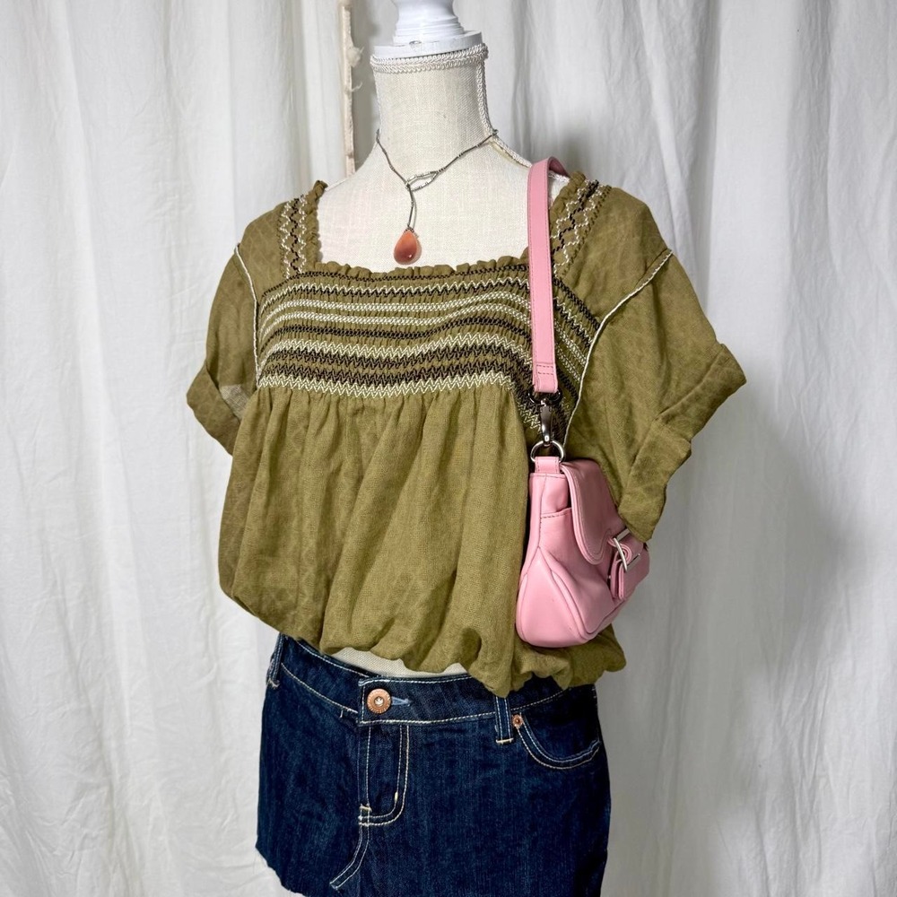 Free People Olive Green Embroidered Boho Bubble Hem Top Size S
